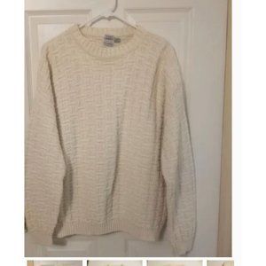 Tony Lambert Chunky Cable Knit White Cotton Textured Crewneck Sweater